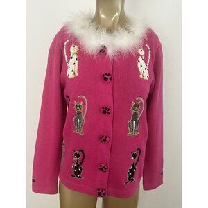 Jack B Quick Women's Petite Small Kitty Cat Cardigan Sweater Pawprint Buttons